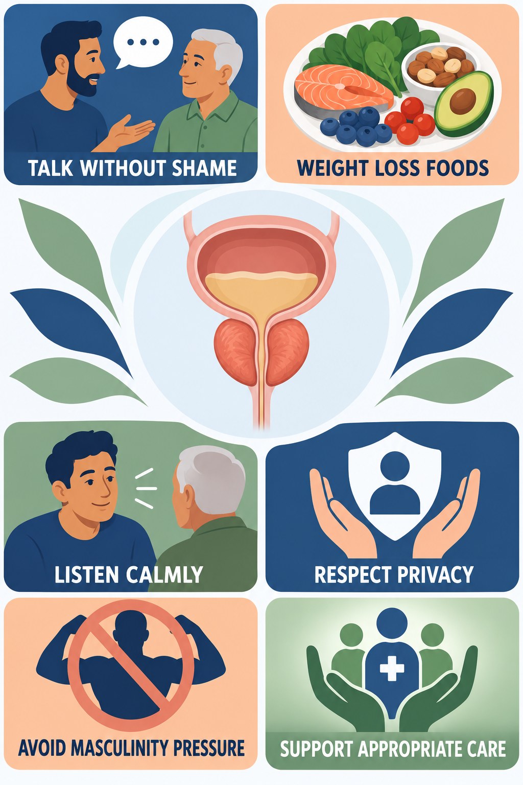 Supportive Prostate-Health Conversations infographic for Weight Loss Foods with four concise prostate-health awareness points.