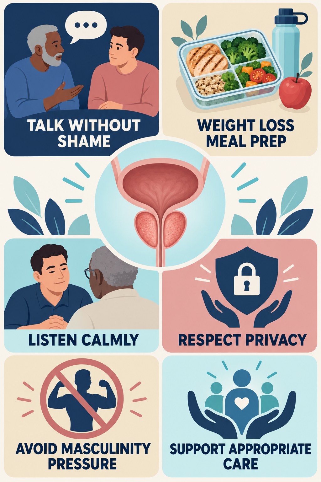 Supportive Prostate-Health Conversations infographic for Weight Loss Meal Prep with four concise prostate-health awareness points.