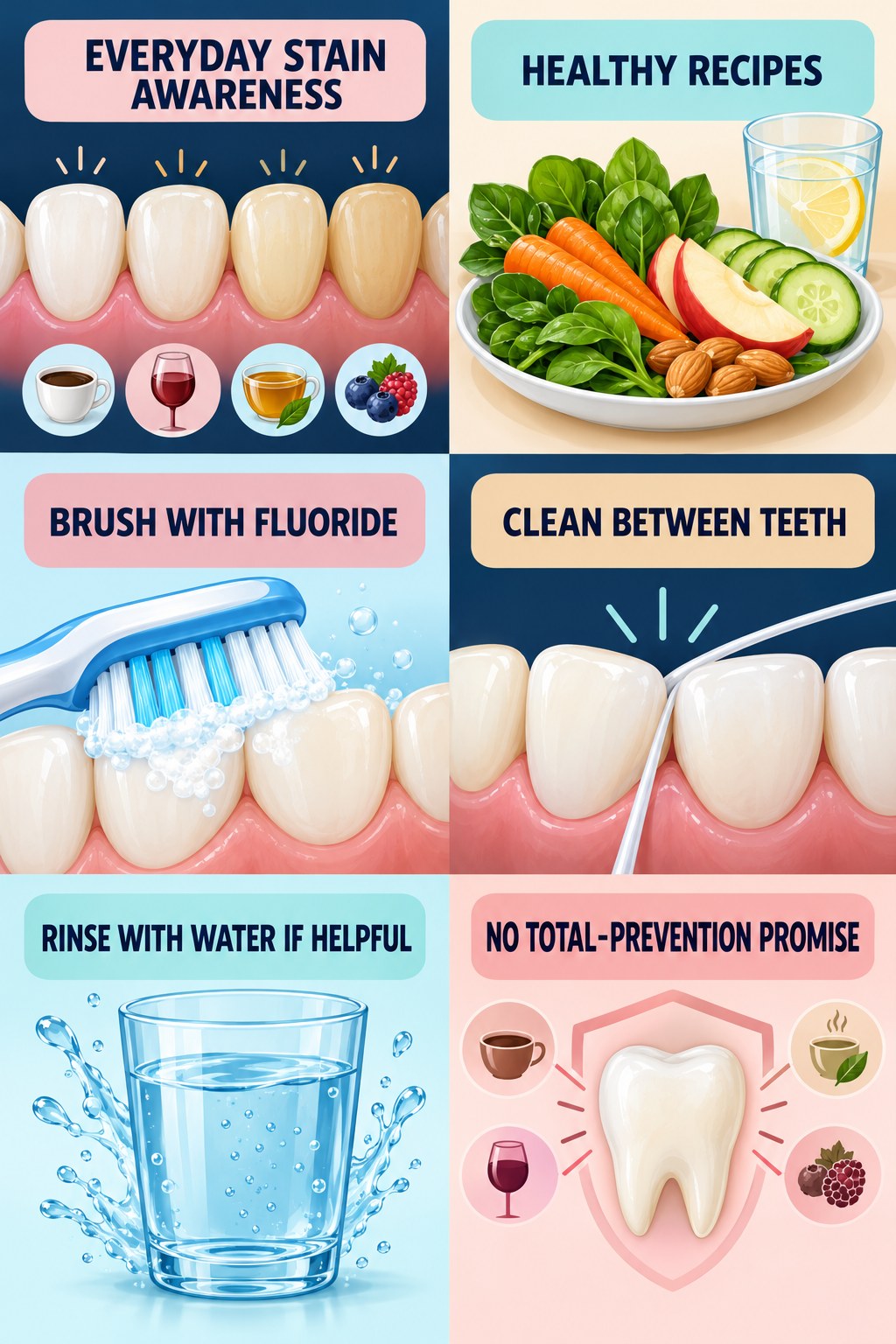Surface-Stain Prevention Without Promises infographic for Healthy Recipes with four concise tooth-discoloration safety points.