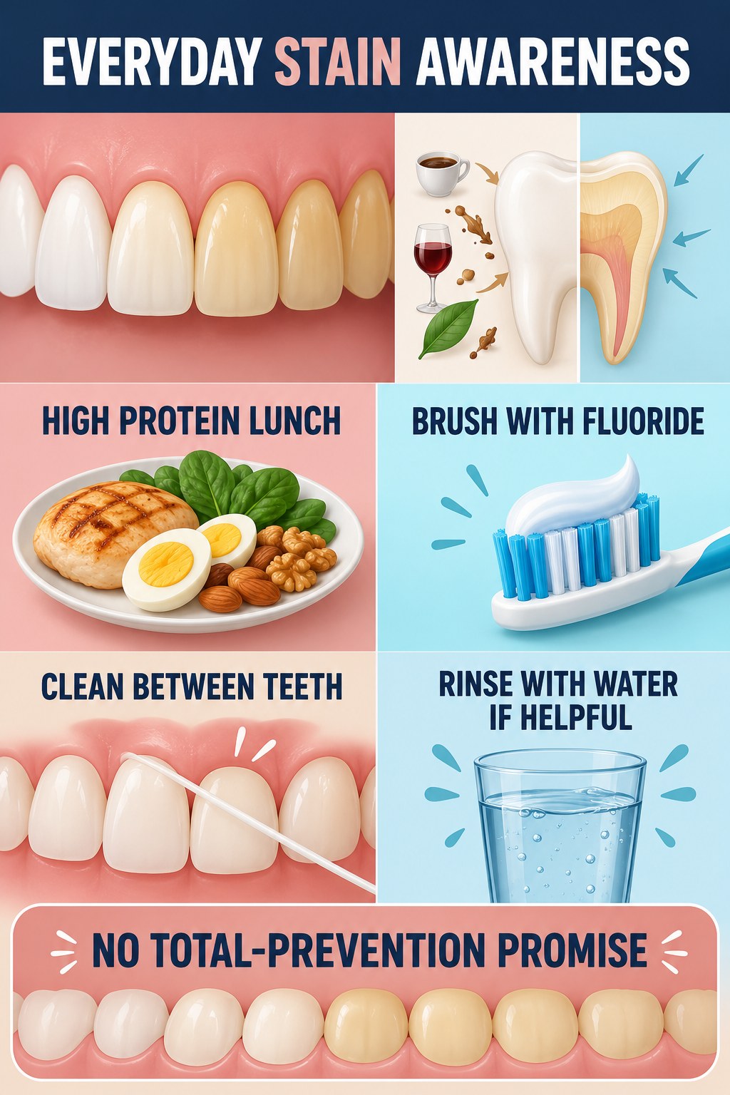 Surface-Stain Prevention Without Promises infographic for High Protein Lunch with four concise tooth-discoloration safety points.