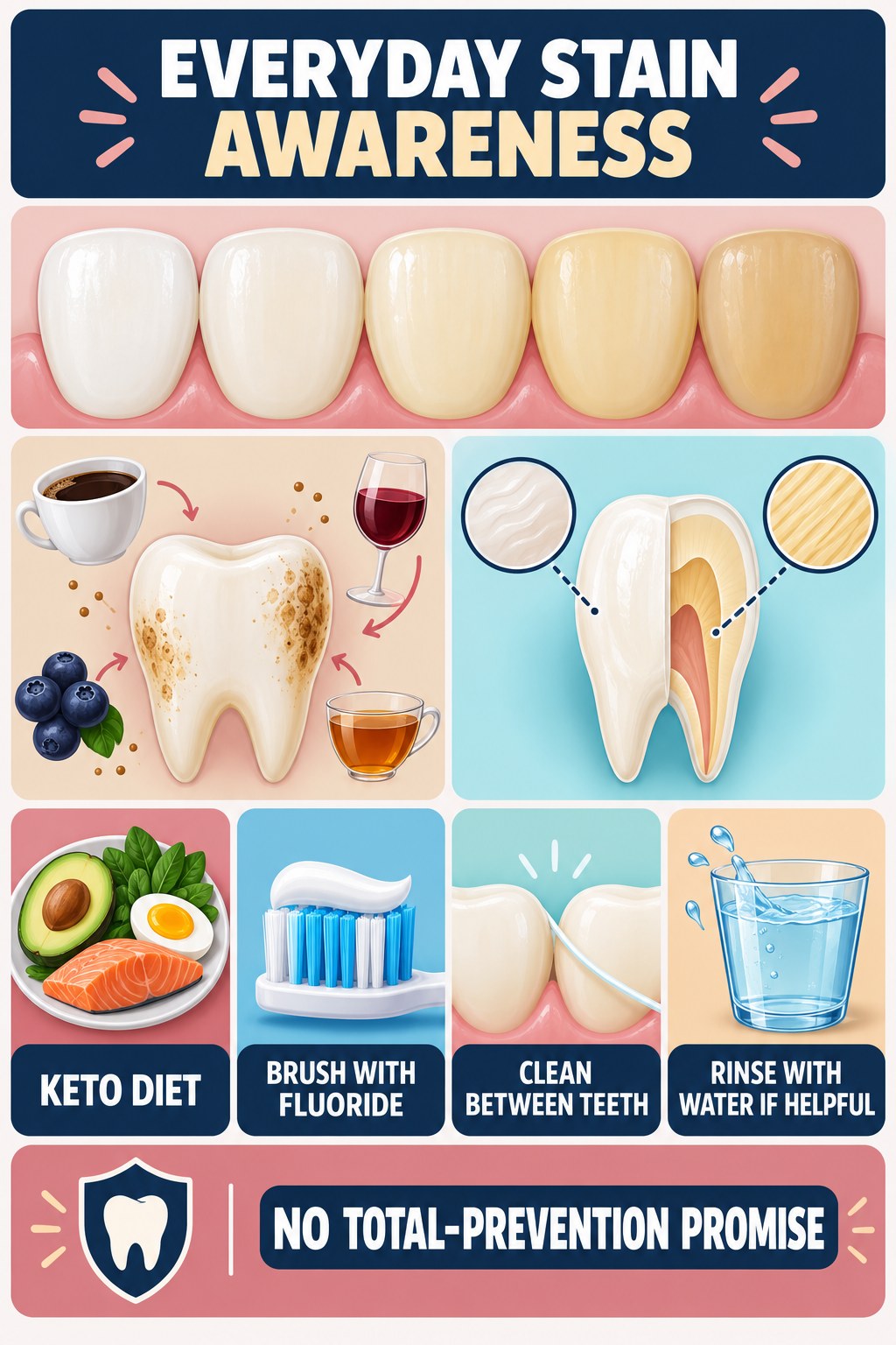 Surface-Stain Prevention Without Promises infographic for Keto Diet with four concise tooth-discoloration safety points.