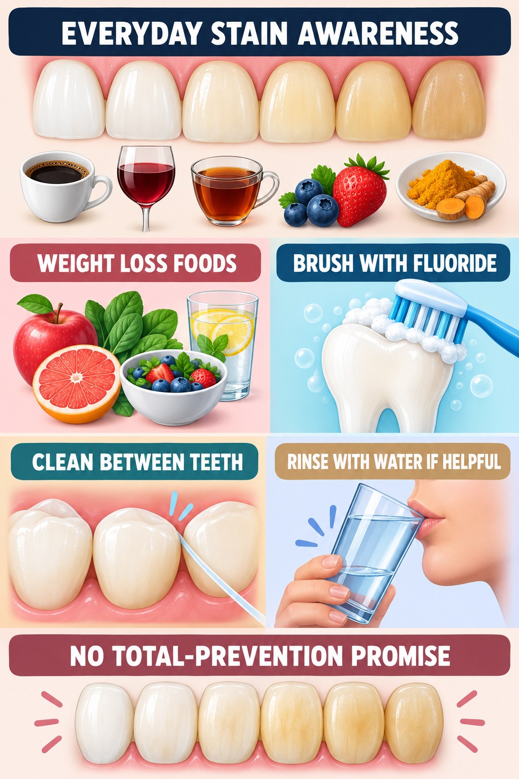 Surface-Stain Prevention Without Promises infographic for Weight Loss Foods with four concise tooth-discoloration safety points.