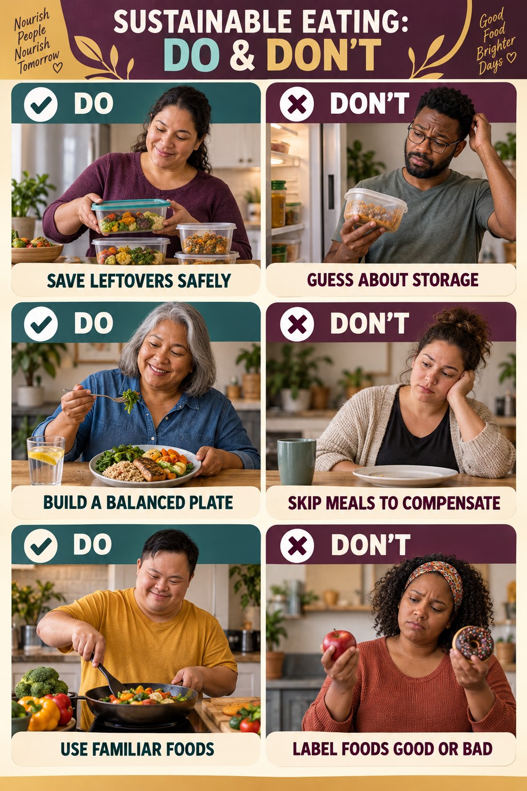 Healthy Recipes Do and Don’t comparison graphic showing three practical behavior pairs for sustainable eating.