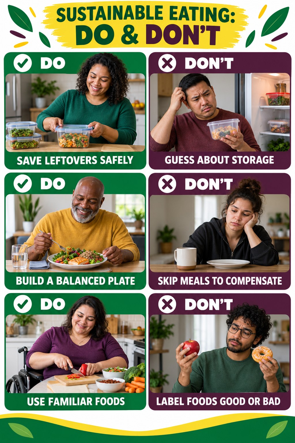 High Protein Snacks Do and Don’t comparison graphic showing three practical behavior pairs for sustainable eating.