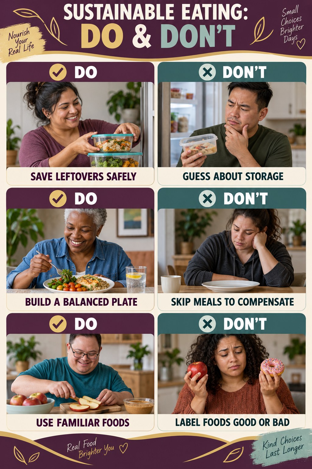 Low Calorie Snacks Do and Don’t comparison graphic showing three practical behavior pairs for sustainable eating.