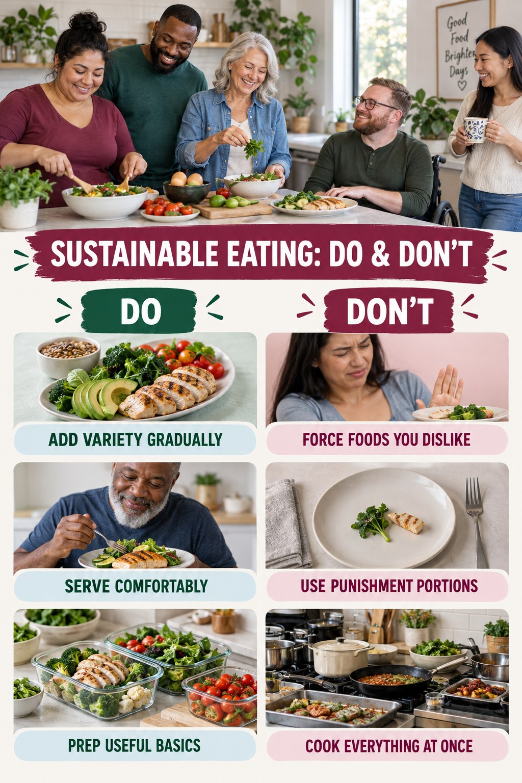 Low Carb Meals Do and Don’t comparison graphic showing three practical behavior pairs for sustainable eating.