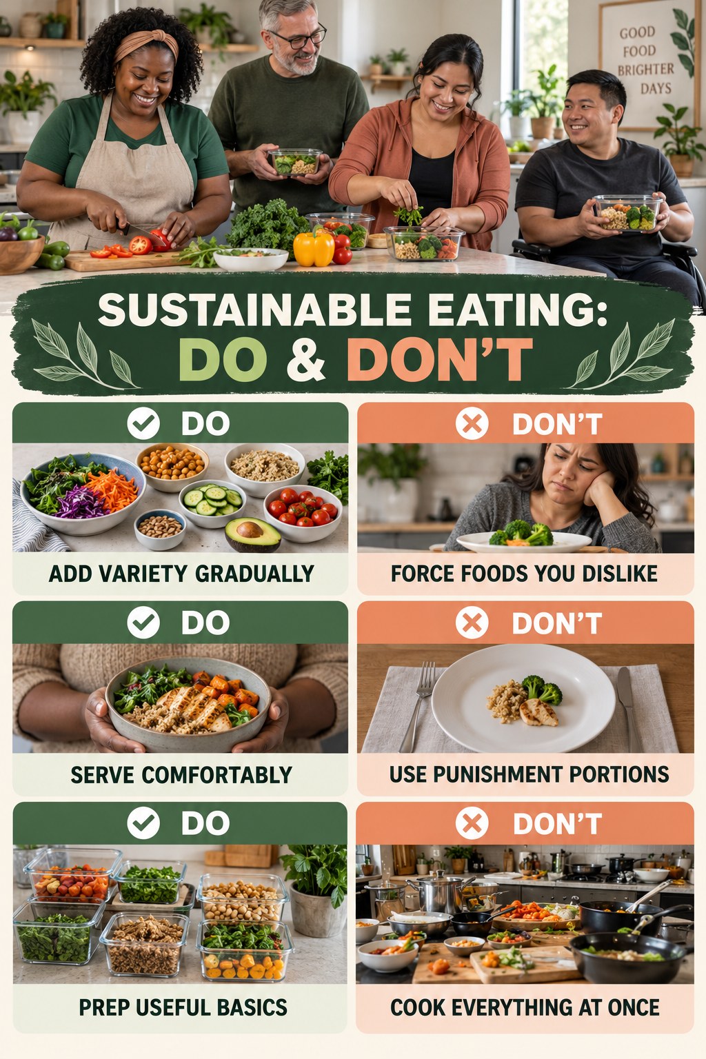 Weight Loss Meal Prep Do and Don’t comparison graphic showing three practical behavior pairs for sustainable eating.