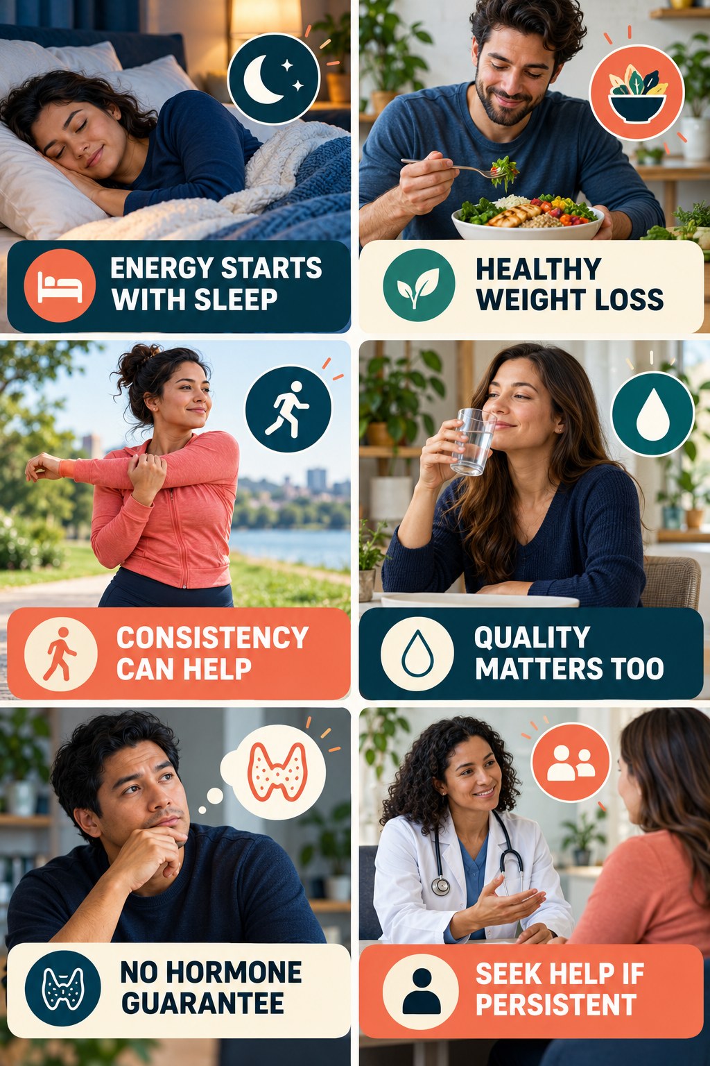 Sustainable Energy Starts with Sleep natural-energy and hormone-health-literacy infographic for Healthy Weight Loss with four practical checks.