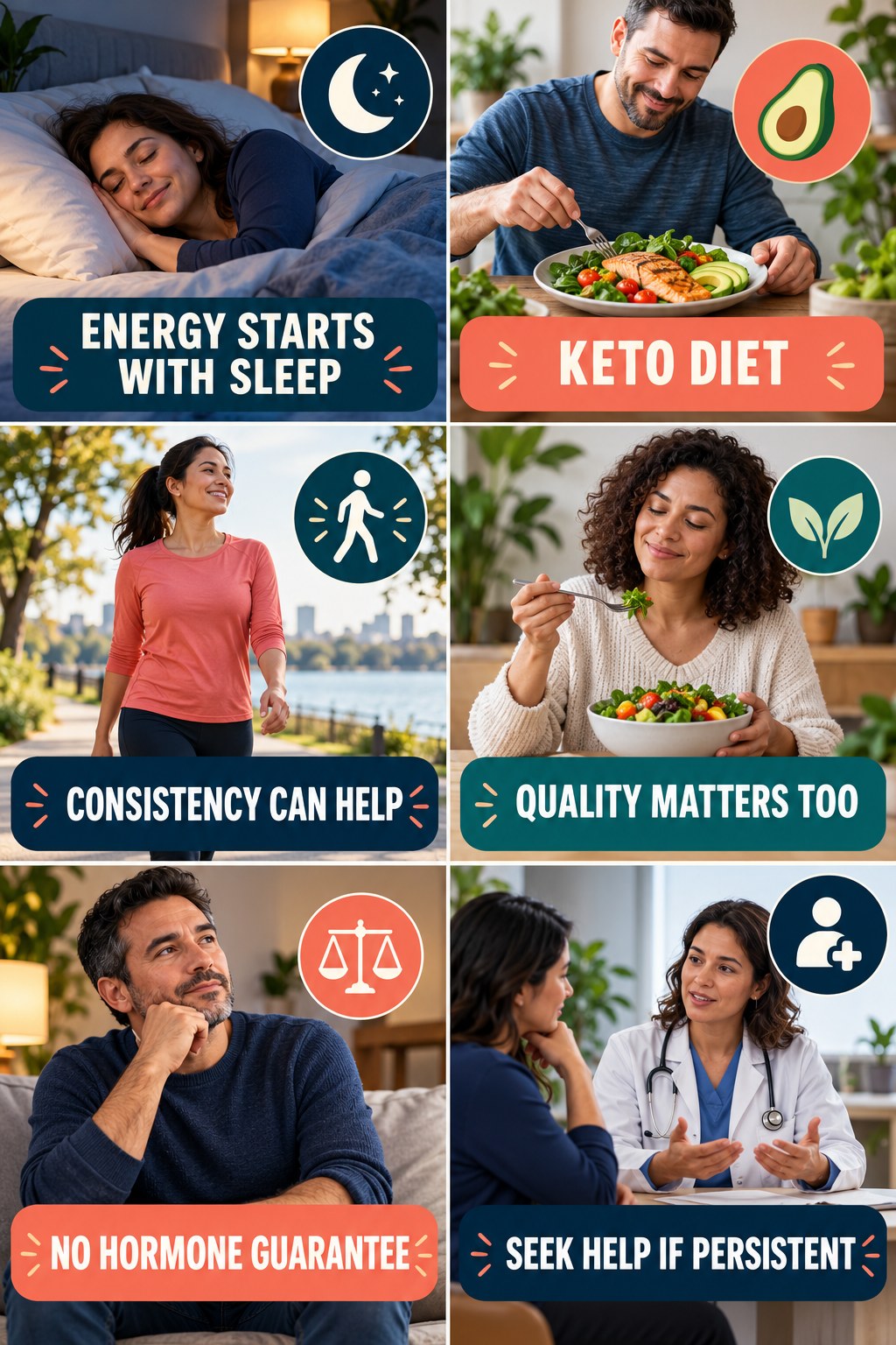 Sustainable Energy Starts with Sleep natural-energy and hormone-health-literacy infographic for Keto Diet with four practical checks.