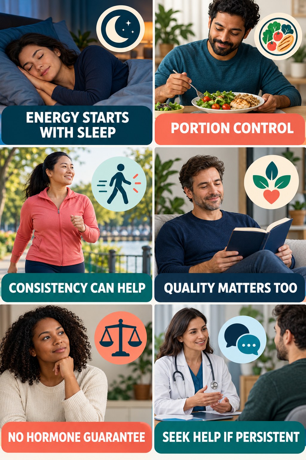 Sustainable Energy Starts with Sleep natural-energy and hormone-health-literacy infographic for Portion Control with four practical checks.