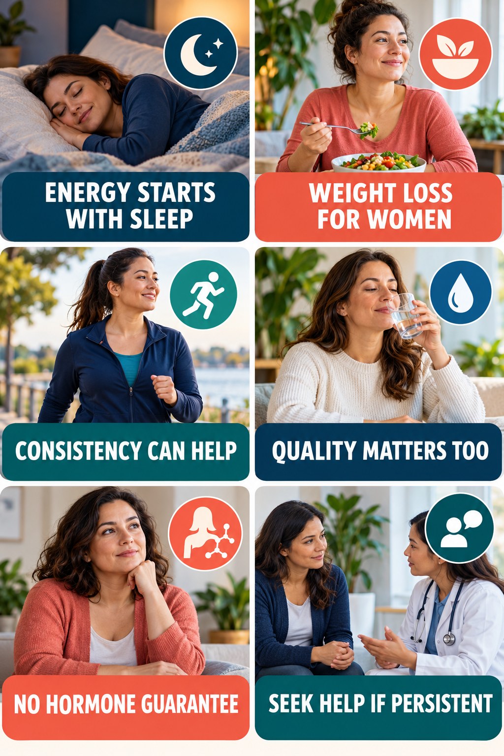 Sustainable Energy Starts with Sleep natural-energy and hormone-health-literacy infographic for Weight Loss for Women with four practical checks.