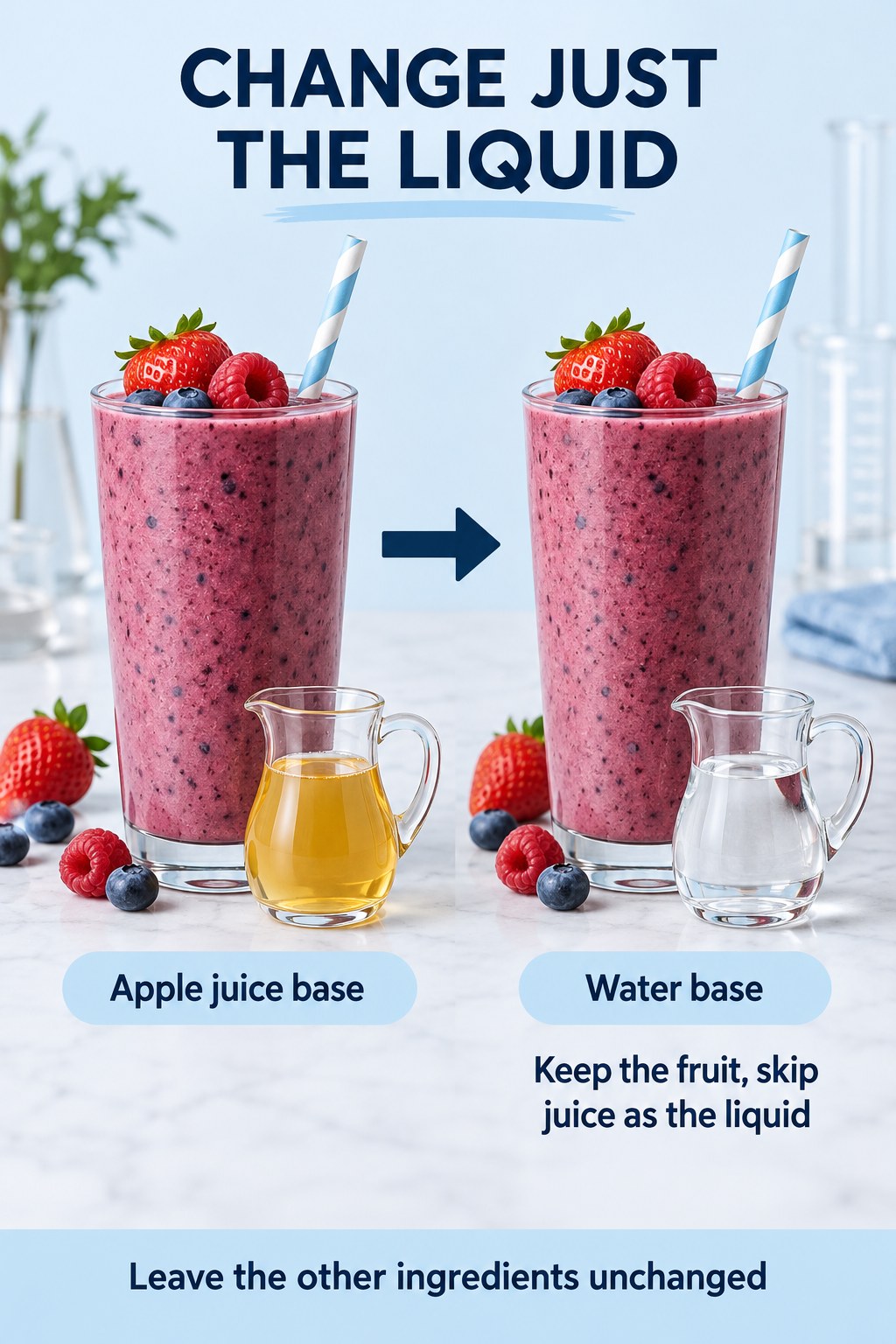 Two fruit smoothies compare an apple juice base with a water base while keeping the fruit and other ingredients unchanged.