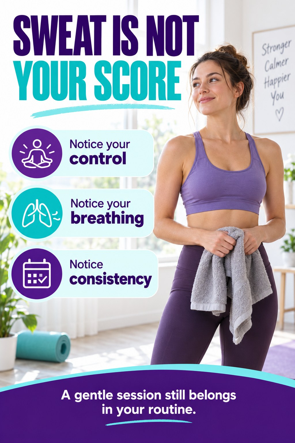 Woman rests with a towel beside purple and aqua reminders to notice control, breathing, and consistency instead of sweat.