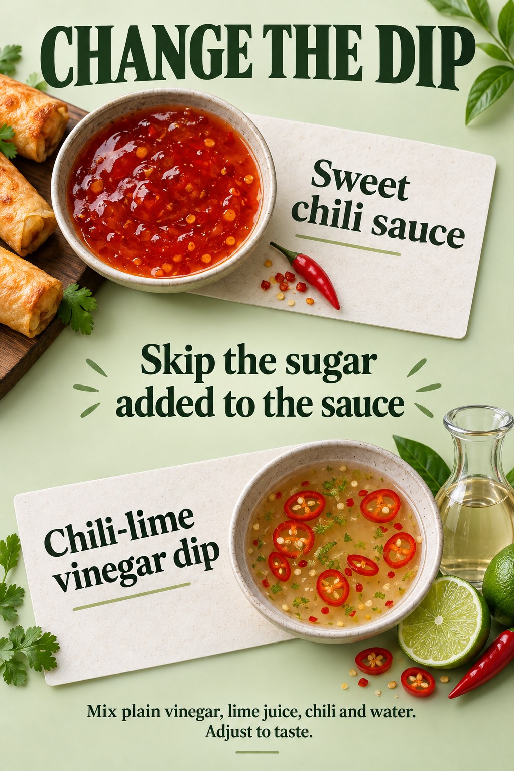 Sweet chili sauce and a thin chili-lime vinegar dip appear on diagonal cards explaining a sauce swap without added sugar.