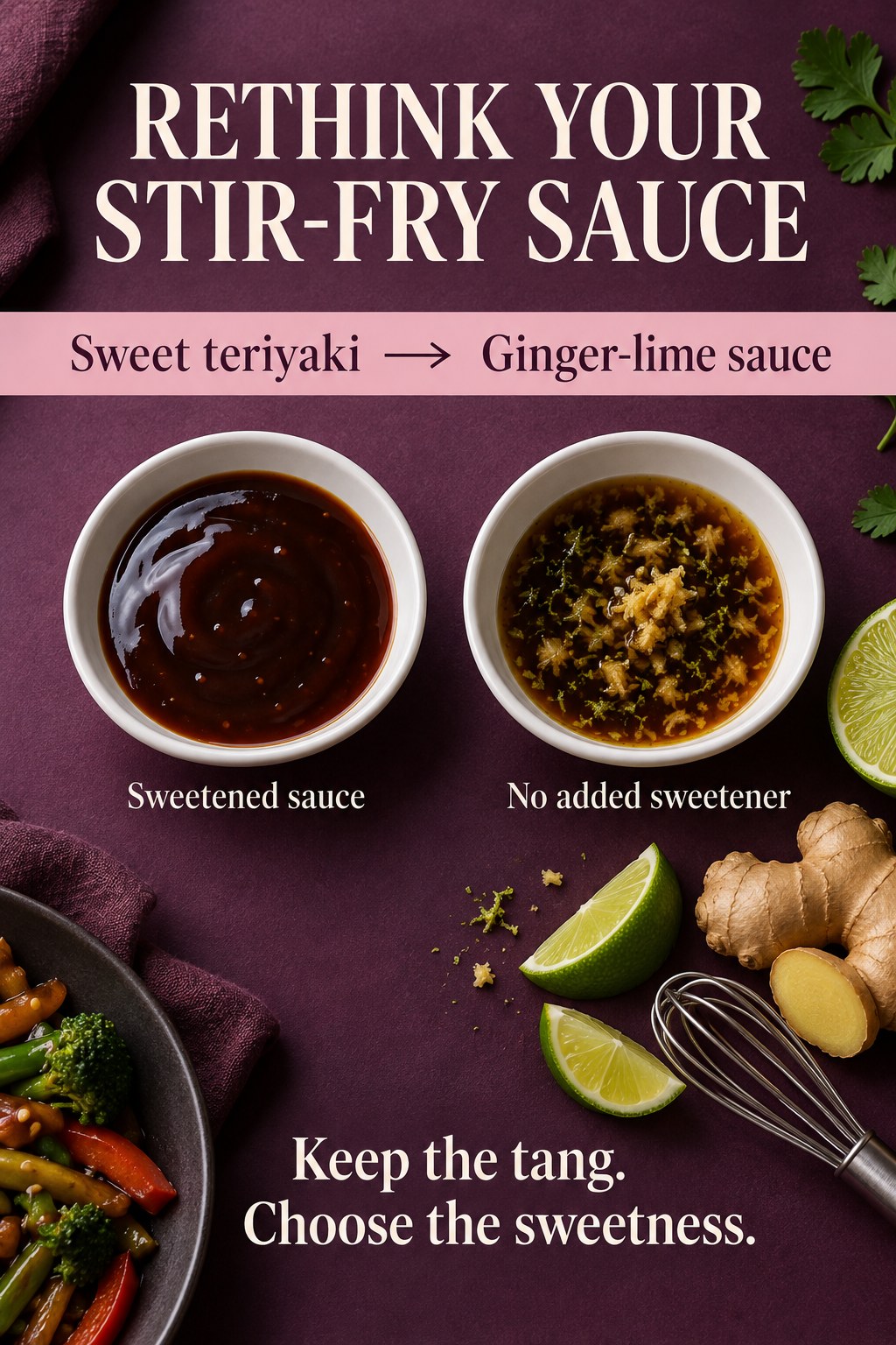 Plum-colored stir-fry sauce comparison with sweet teriyaki and ginger-lime sauce labeled no added sweetener.