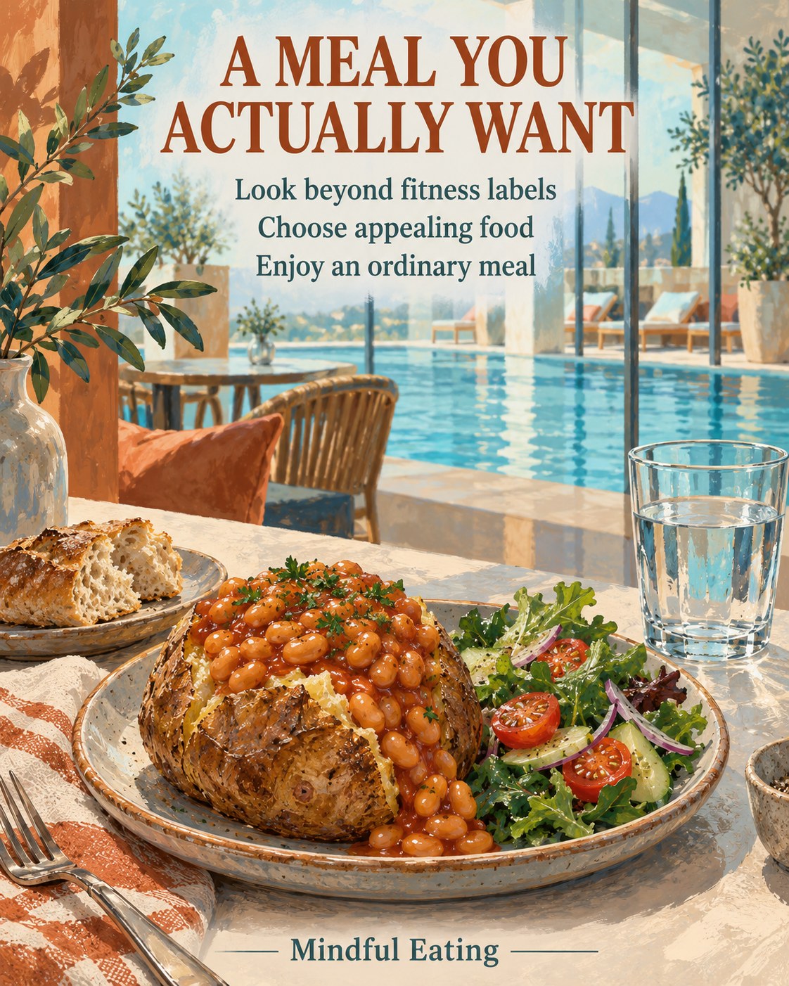 Baked potato with beans and salad at a cafe overlooking a swimming pool.
