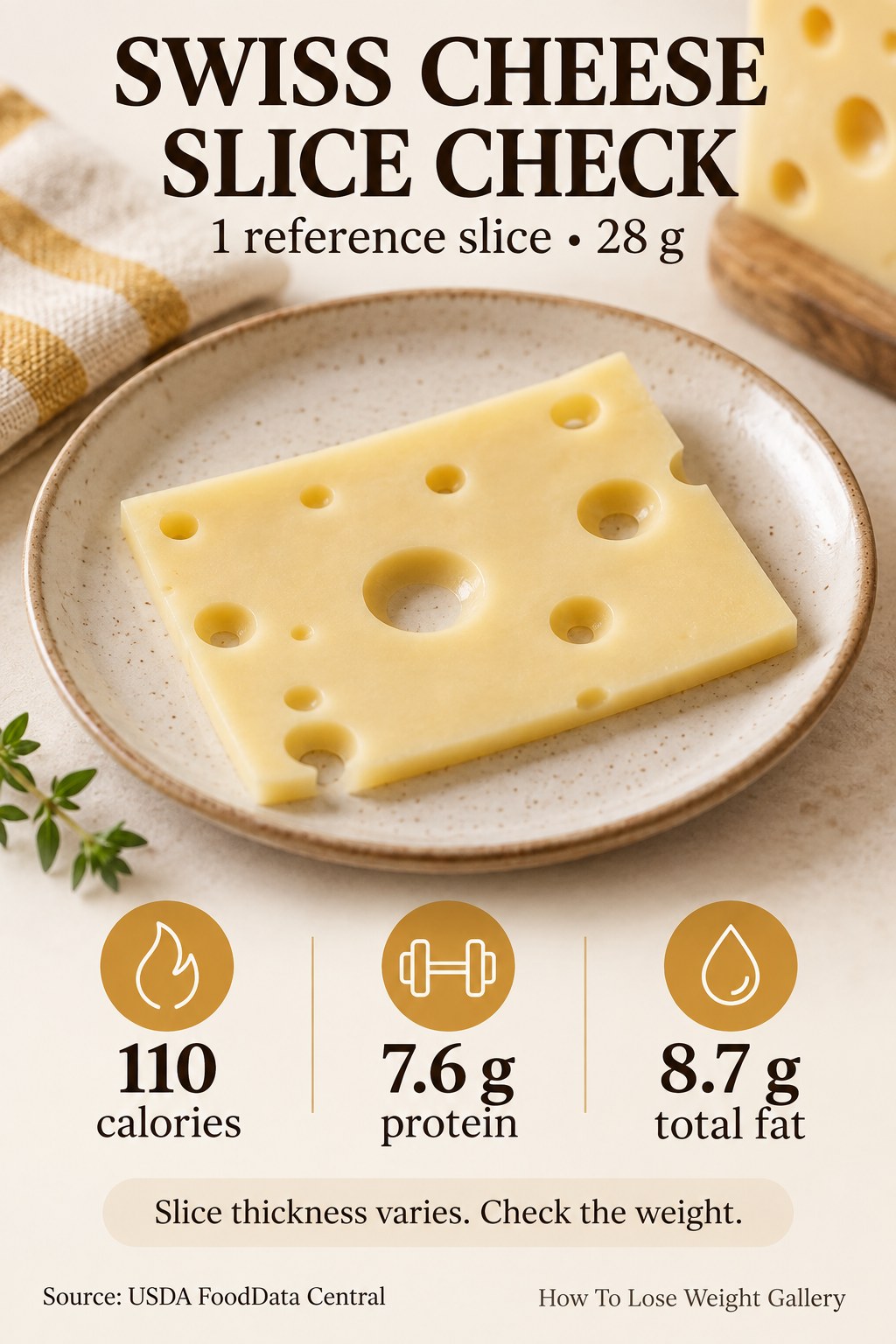 Swiss cheese nutrition card with 110 calories, 7.6 grams protein, and 8.7 grams total fat per 28-gram reference slice.