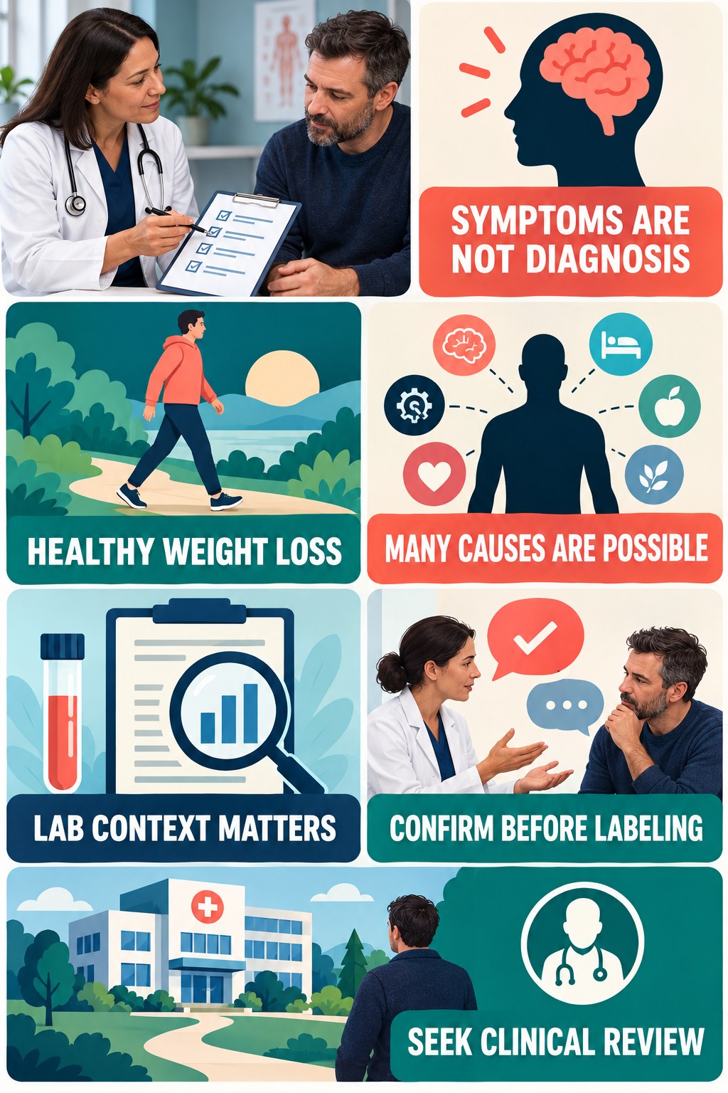 Symptoms Alone Do Not Diagnose Low T testosterone-health-awareness infographic for Healthy Weight Loss with four concise educational checks.