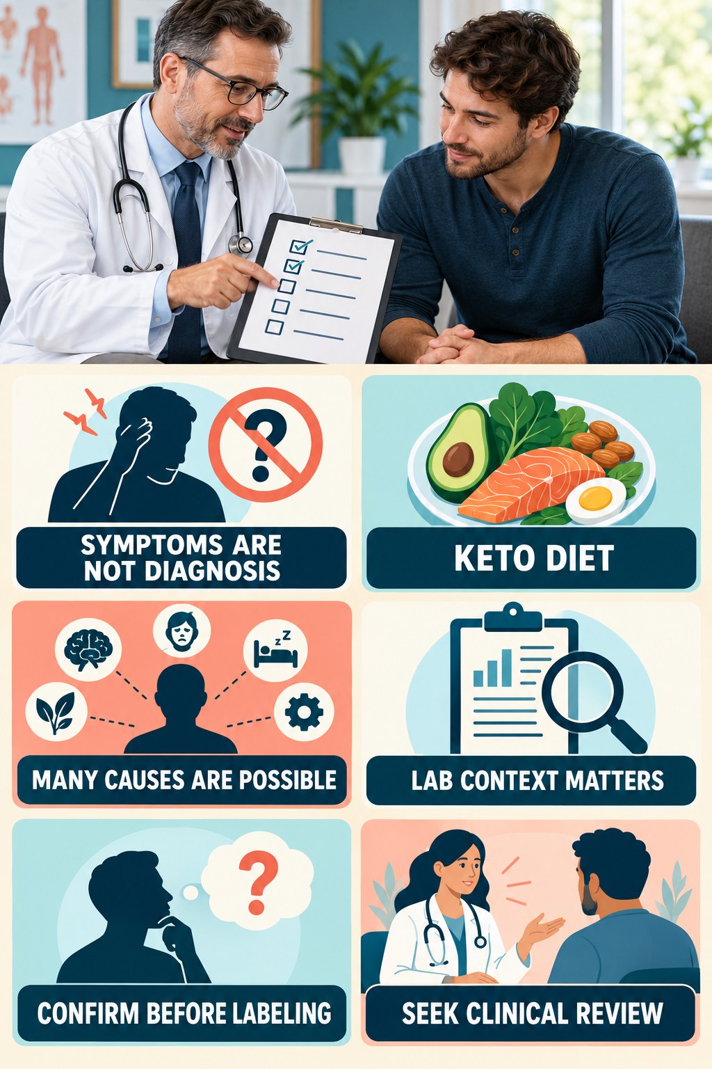 Symptoms Alone Do Not Diagnose Low T testosterone-health-awareness infographic for Keto Diet with four concise educational checks.