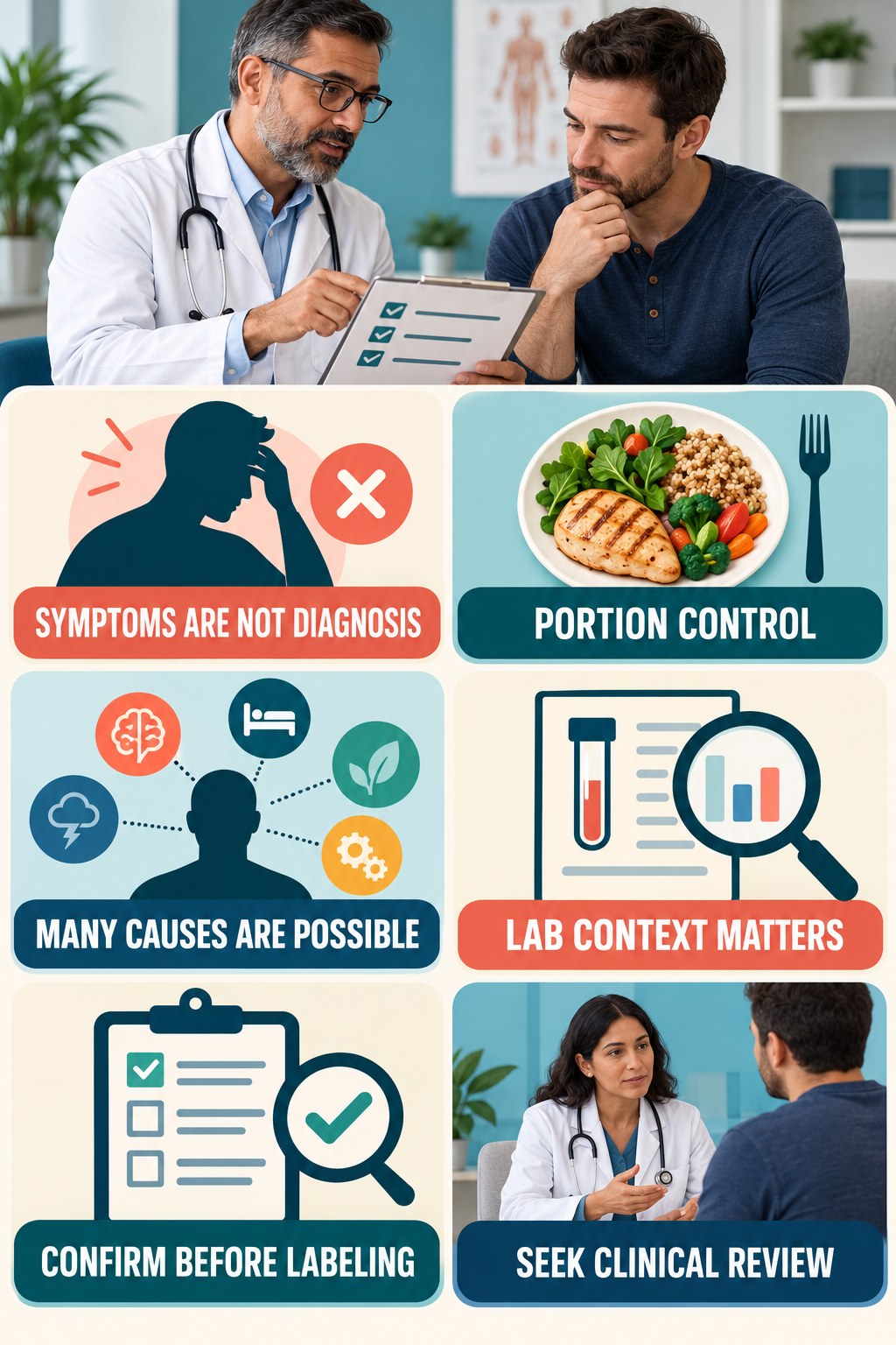 Symptoms Alone Do Not Diagnose Low T testosterone-health-awareness infographic for Portion Control with four concise educational checks.