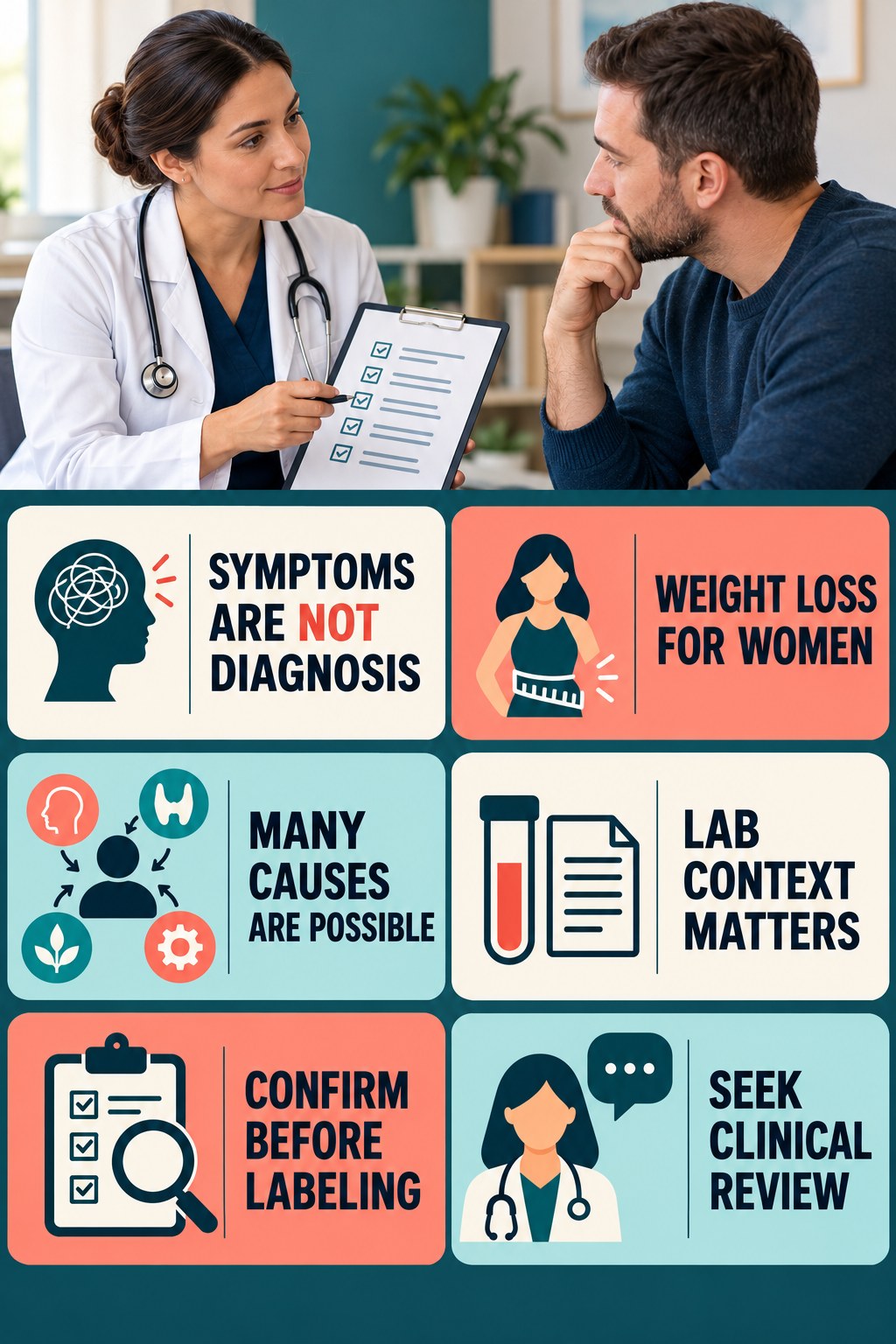 Symptoms Alone Do Not Diagnose Low T testosterone-health-awareness infographic for Weight Loss for Women with four concise educational checks.