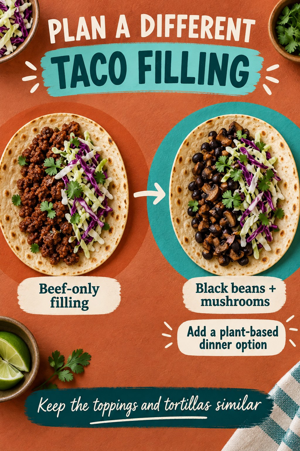 Beef-filled tacos compared with black bean and mushroom tacos with matching cabbage and tortillas.