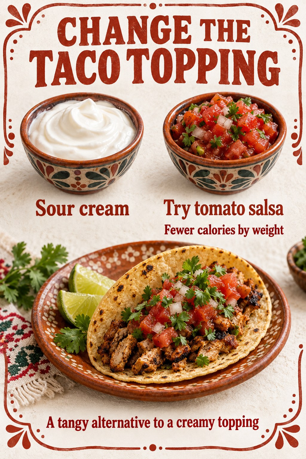 Brick-red taco graphic compares sour cream with tomato salsa, placing fewer calories by weight beneath the salsa.