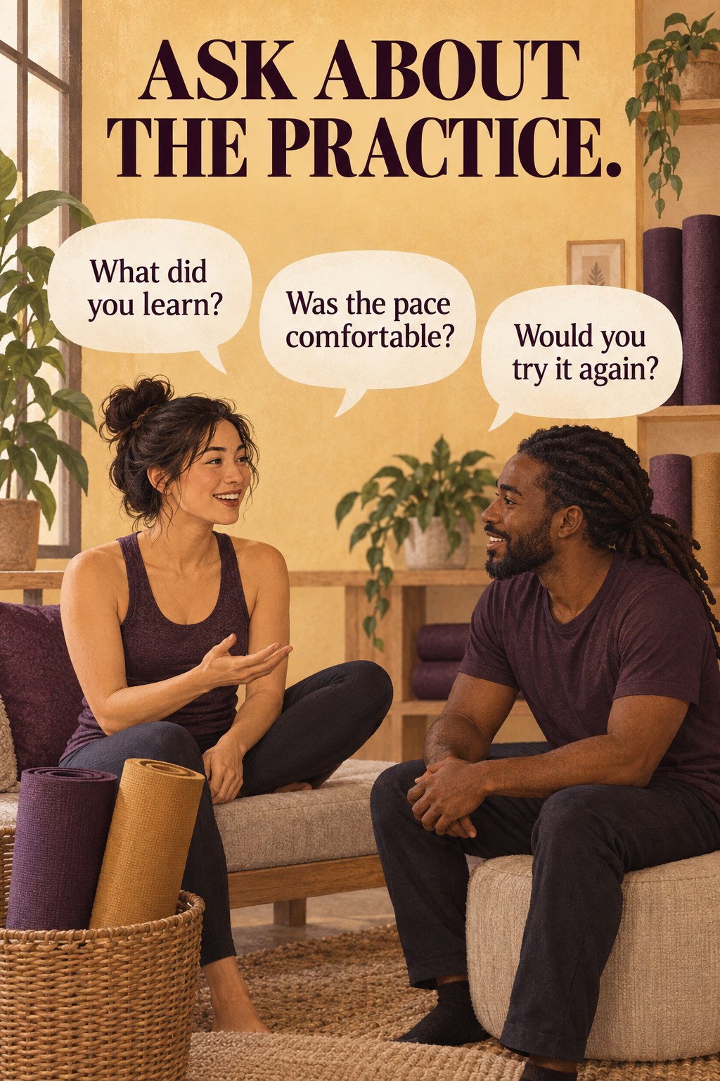 Two adults chatting comfortably beside rolled Pilates mats in a welcoming shared space.