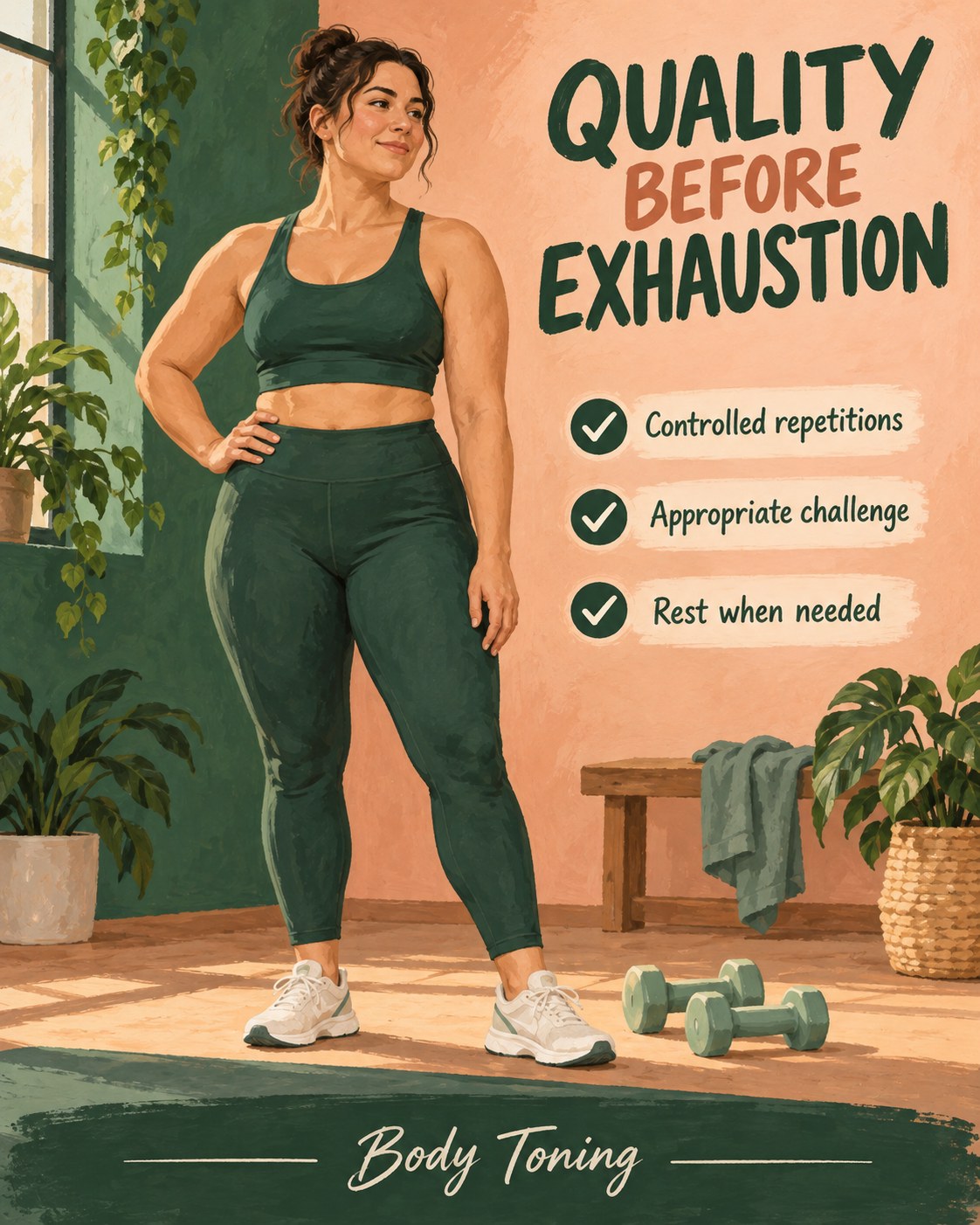Illustrated exercise space with an adult standing comfortably beside dumbbells and a checklist about movement quality.