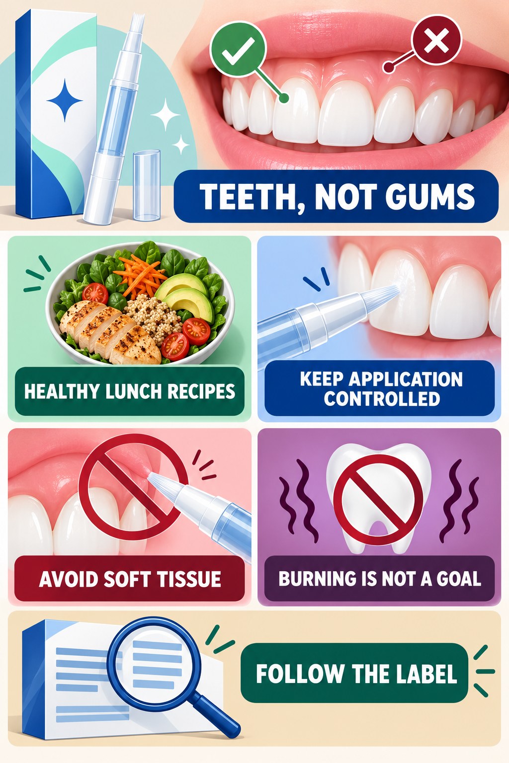 Teeth-Not-Gums Application Awareness infographic for Healthy Lunch Recipes with four concise whitening-gel-pen safety points.