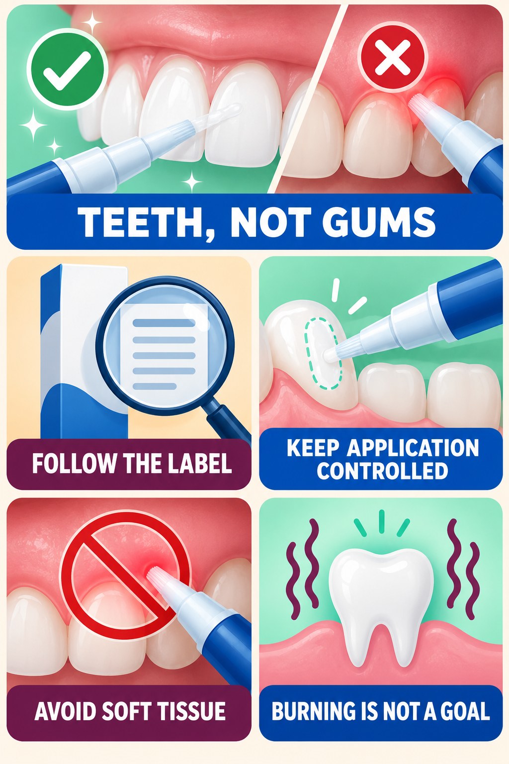 Teeth-Not-Gums Application Awareness infographic for Healthy Weight Loss with four concise whitening-gel-pen safety points.