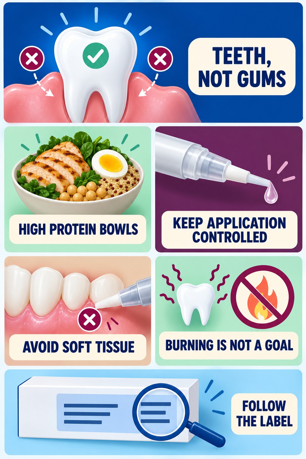 Teeth-Not-Gums Application Awareness infographic for High Protein Bowls with four concise whitening-gel-pen safety points.