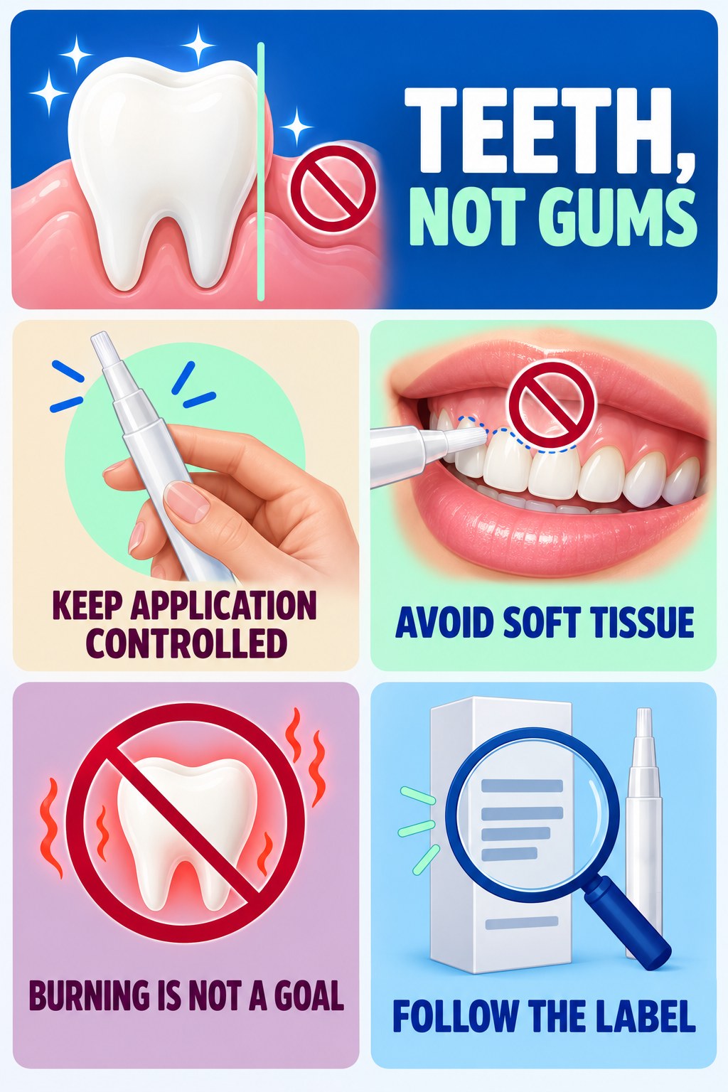 Teeth-Not-Gums Application Awareness infographic for Weight Loss Motivation with four concise whitening-gel-pen safety points.
