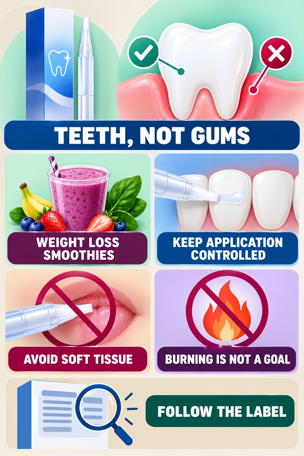 Teeth-Not-Gums Application Awareness infographic for Weight Loss Smoothies with four concise whitening-gel-pen safety points.
