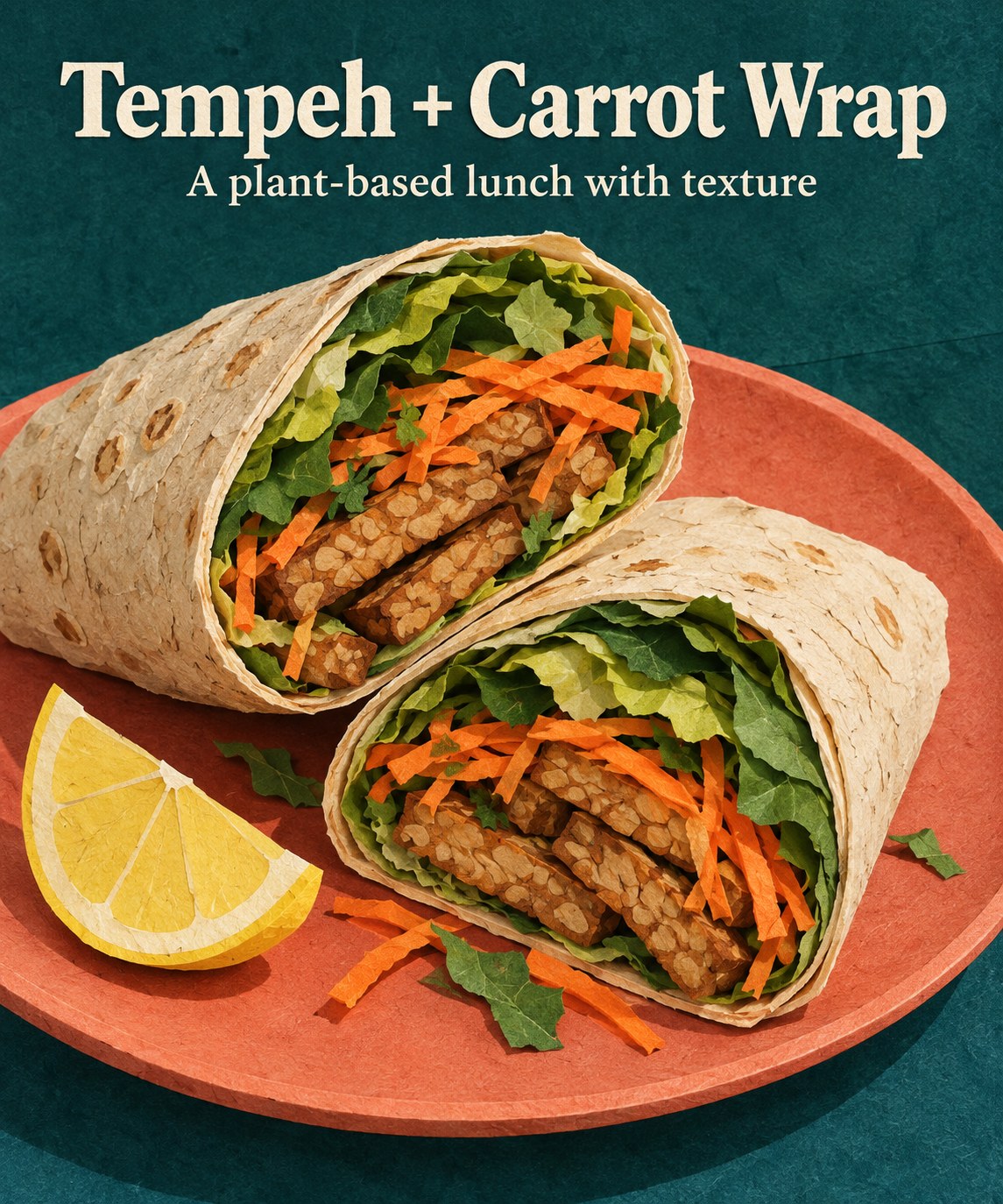 Wrap cut in half showing browned tempeh strips, carrot slaw, and lettuce.