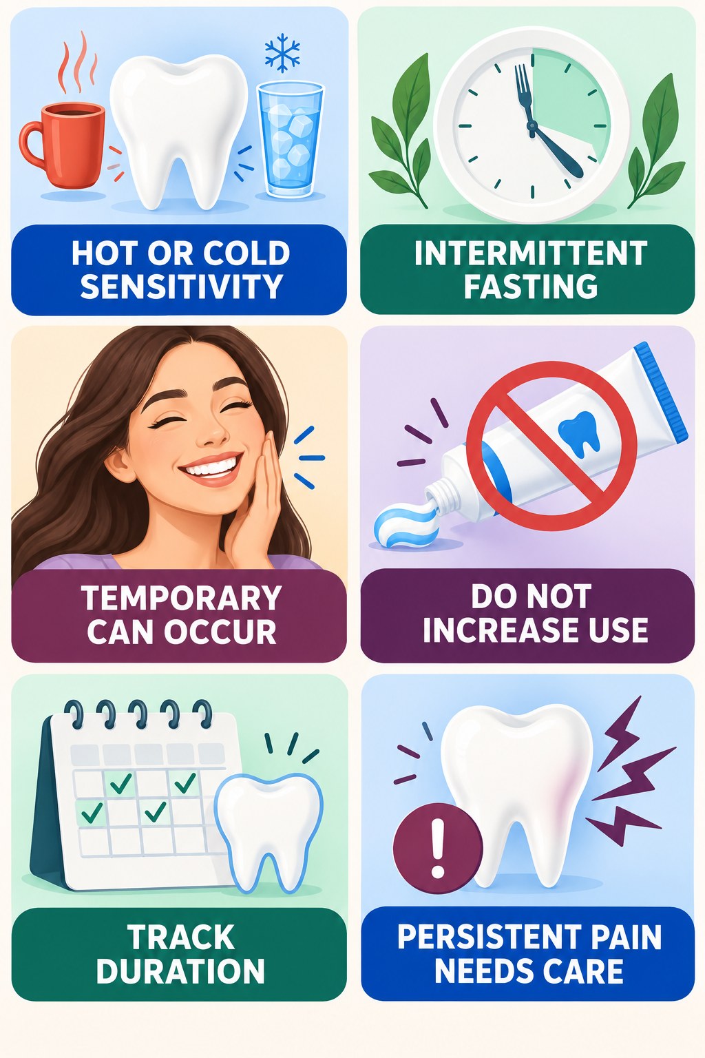 Temperature Sensitivity After Whitening infographic for Intermittent Fasting with four concise whitening-sensitivity safety points.