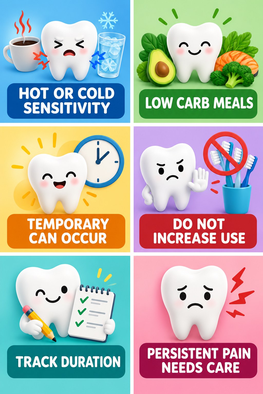 Temperature Sensitivity After Whitening infographic for Low Carb Meals with four concise whitening-sensitivity safety points.