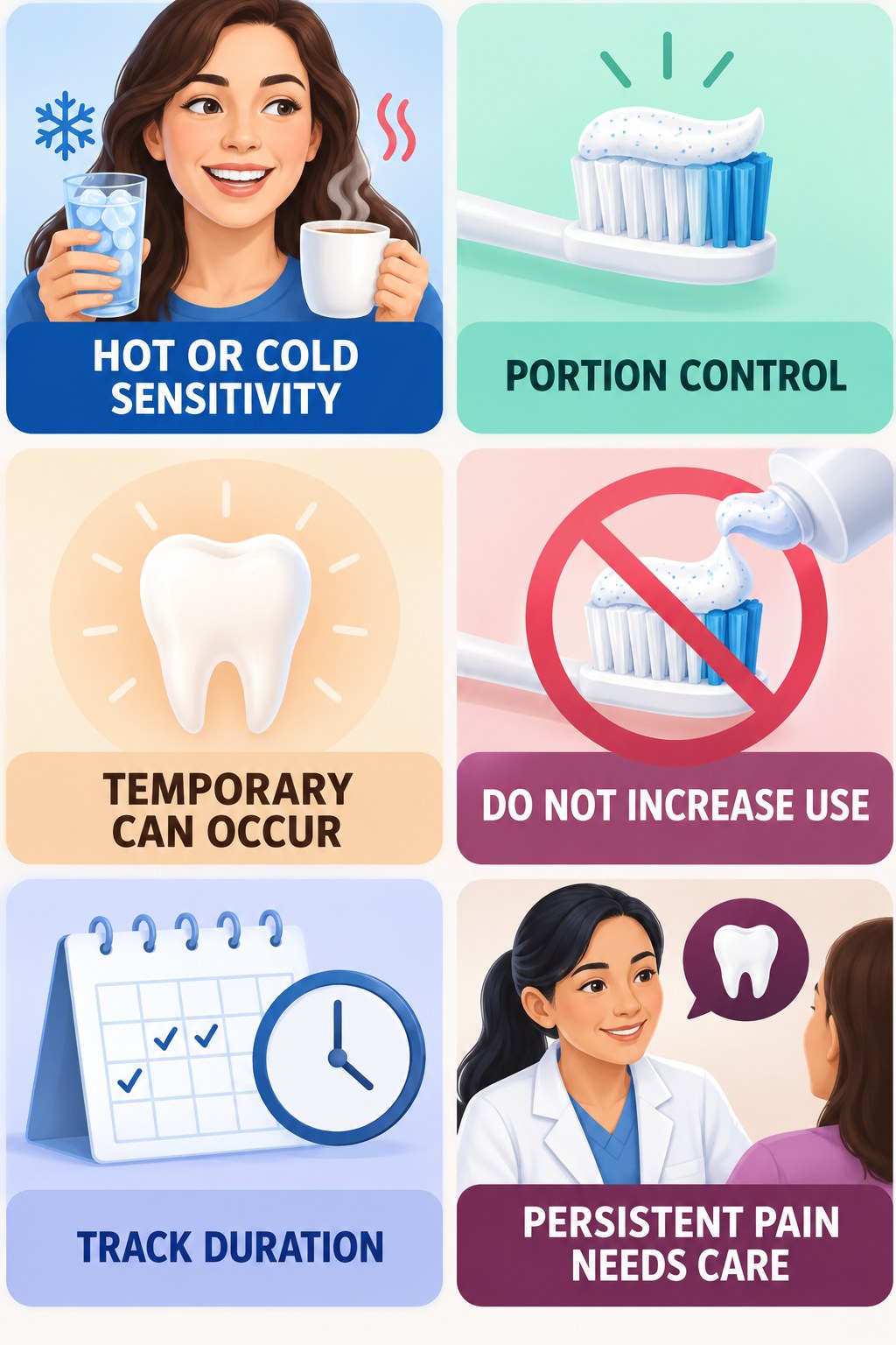 Temperature Sensitivity After Whitening infographic for Portion Control with four concise whitening-sensitivity safety points.