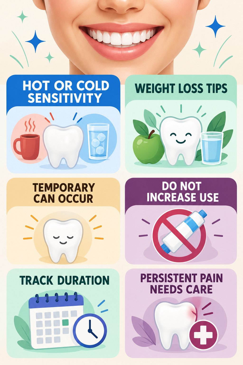 Temperature Sensitivity After Whitening infographic for Weight Loss Tips with four concise whitening-sensitivity safety points.