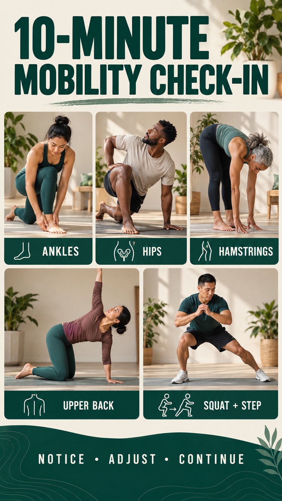 Vertical infographic showing a ten-minute mobility check-in for common movement patterns