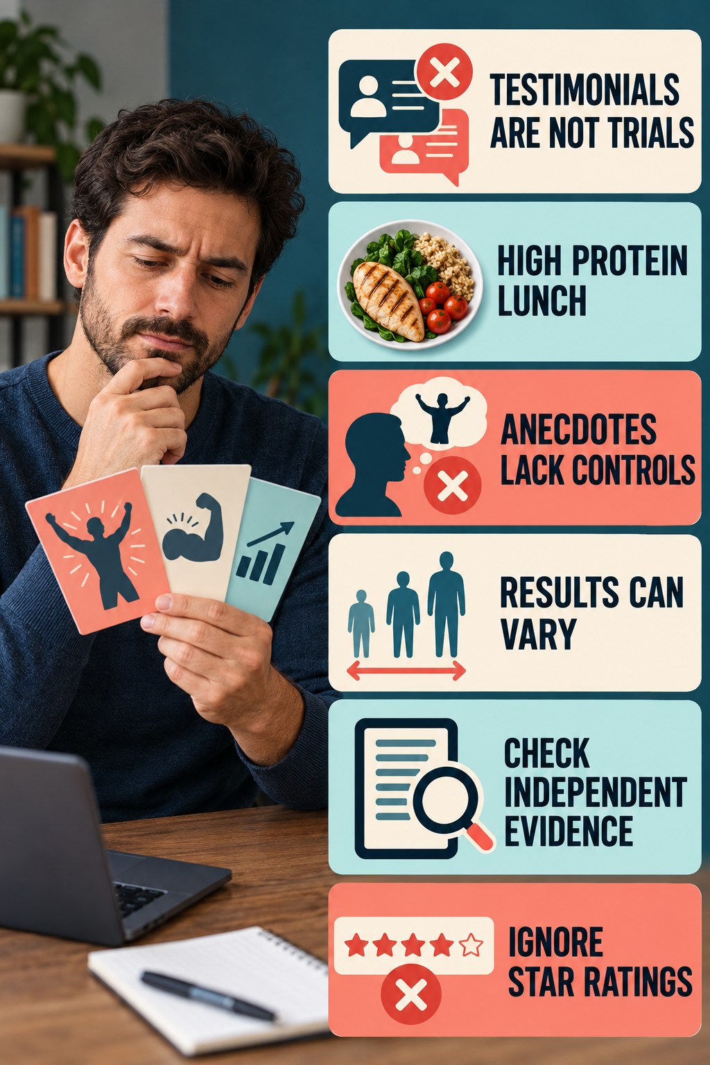 Testimonials Cannot Establish Effectiveness evidence-literacy infographic for High Protein Lunch with four concise claim-evaluation checks.