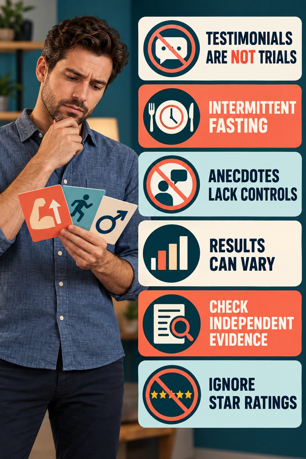 Testimonials Cannot Establish Effectiveness evidence-literacy infographic for Intermittent Fasting with four concise claim-evaluation checks.
