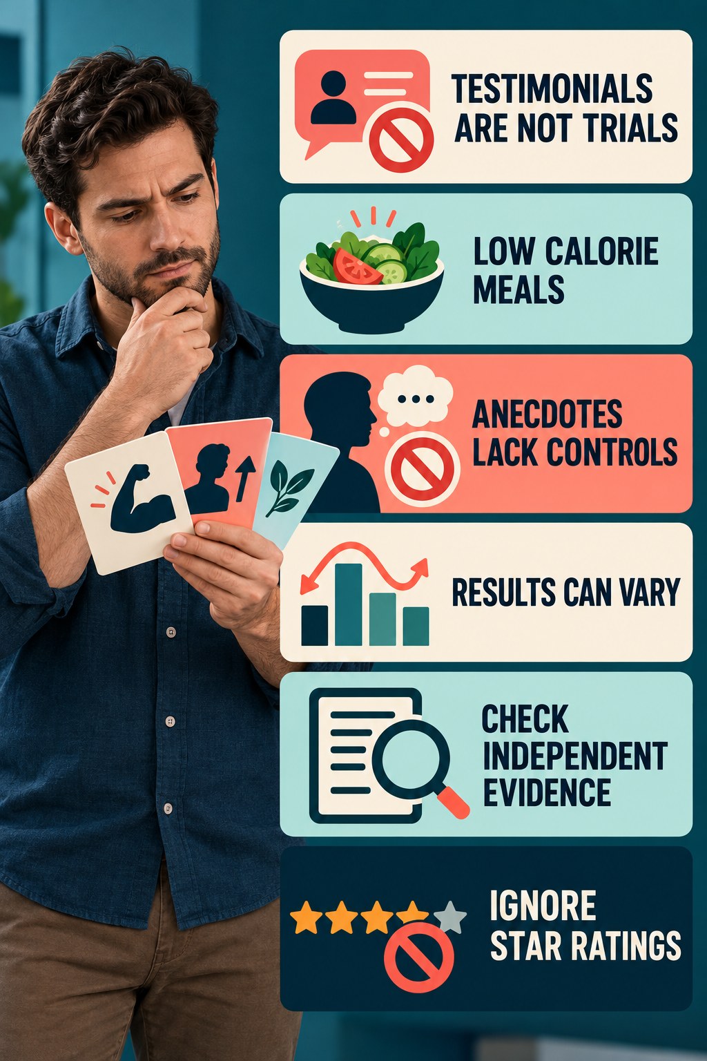 Testimonials Cannot Establish Effectiveness evidence-literacy infographic for Low Calorie Meals with four concise claim-evaluation checks.