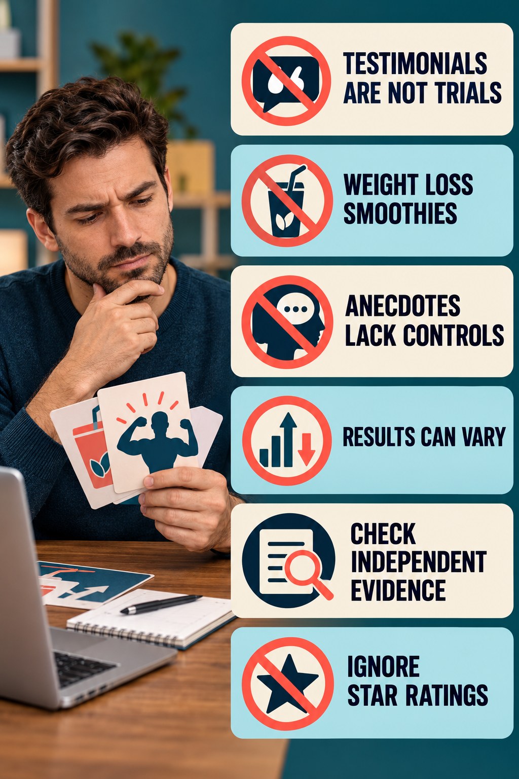 Testimonials Cannot Establish Effectiveness evidence-literacy infographic for Weight Loss Smoothies with four concise claim-evaluation checks.