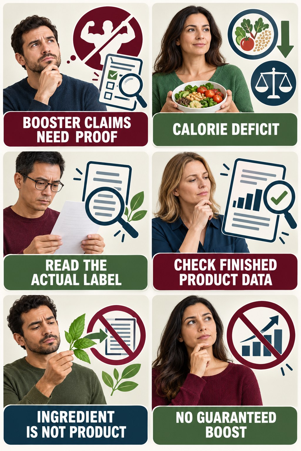 Testosterone Booster Claims Need Evidence testosterone-health-awareness infographic for Calorie Deficit with four concise educational checks.