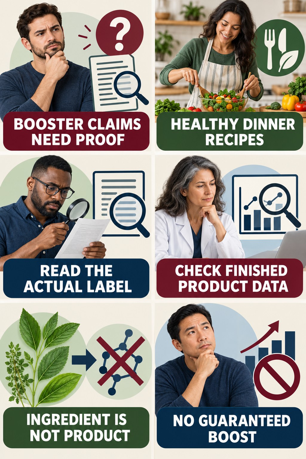 Testosterone Booster Claims Need Evidence testosterone-health-awareness infographic for Healthy Dinner Recipes with four concise educational checks.