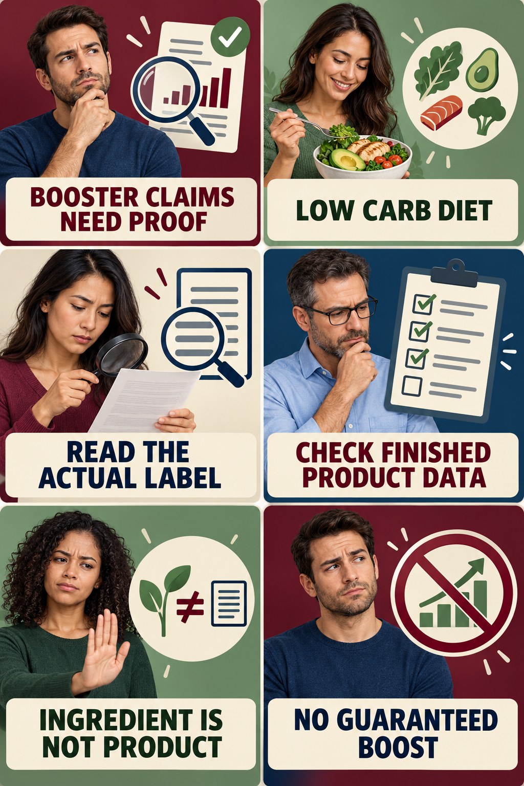 Testosterone Booster Claims Need Evidence testosterone-health-awareness infographic for Low Carb Diet with four concise educational checks.