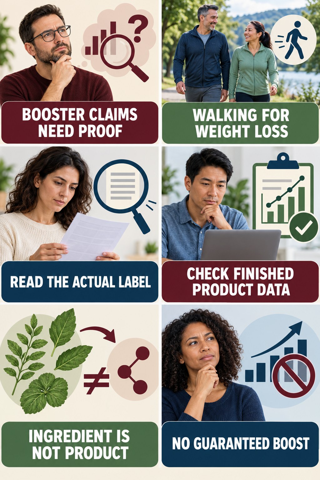 Testosterone Booster Claims Need Evidence testosterone-health-awareness infographic for Walking for Weight Loss with four concise educational checks.