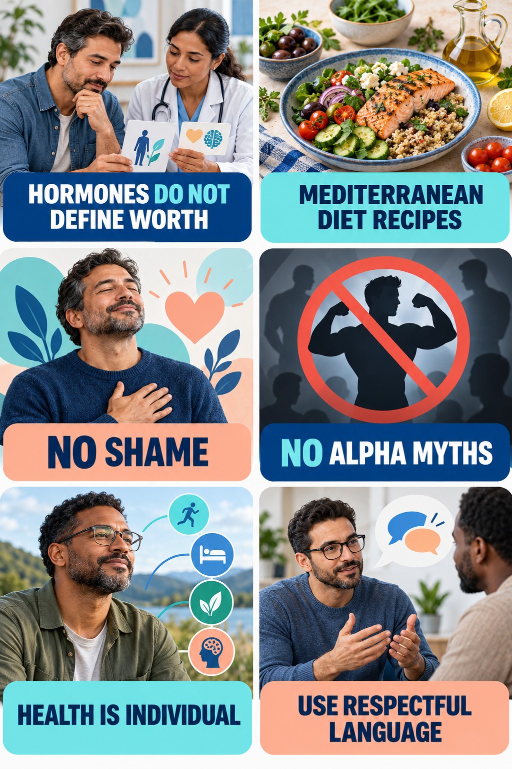 Testosterone Is Not a Masculinity Score testosterone-health-awareness infographic for Mediterranean Diet Recipes with four concise educational checks.