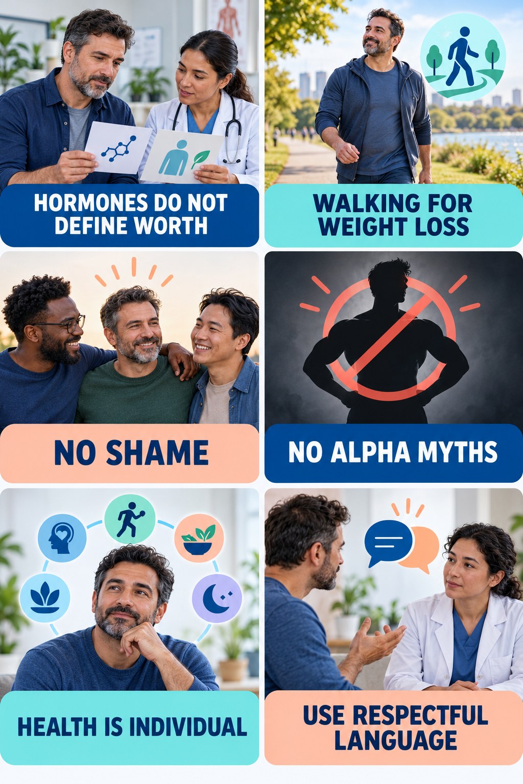Testosterone Is Not a Masculinity Score testosterone-health-awareness infographic for Walking for Weight Loss with four concise educational checks.